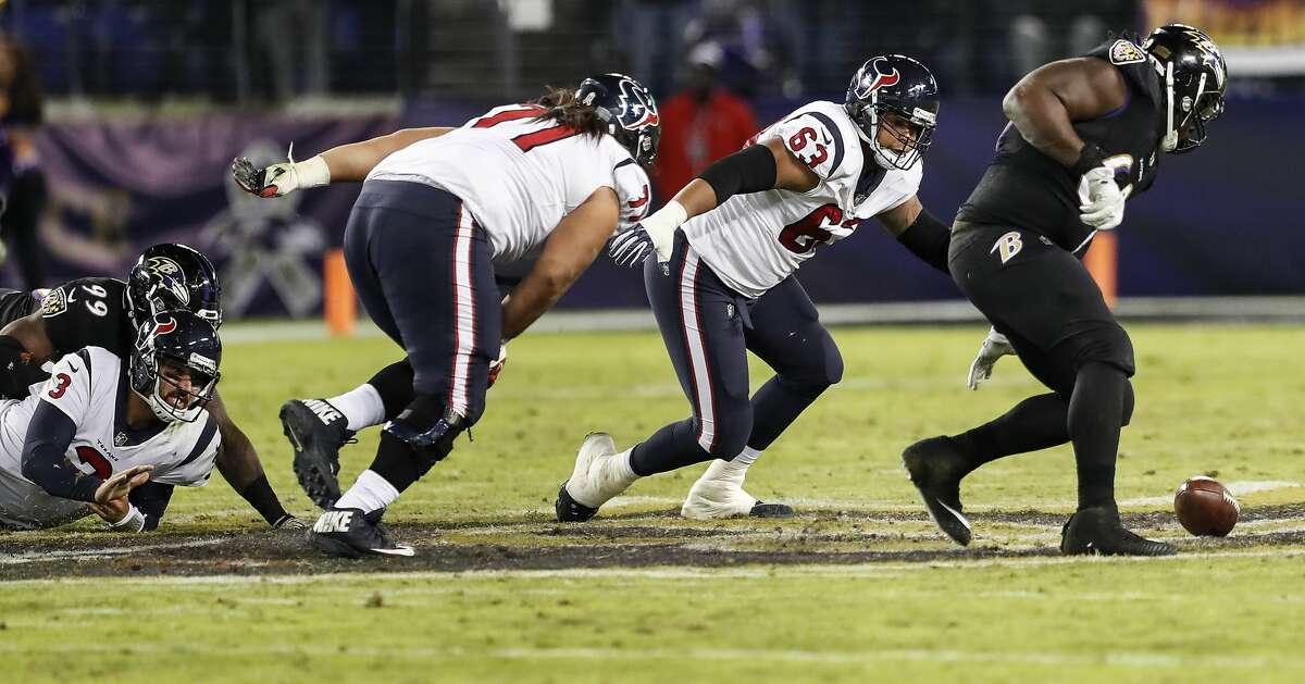 Houston Texans quarterback Tom Savage (3) watches as his fumble rolls away during the fourth quarter of an NFL football game at M & T Bank Stadium on Monday, Nov. 27, 2017, in Baltimore. ( Brett Coomer / Houston Chronicle )