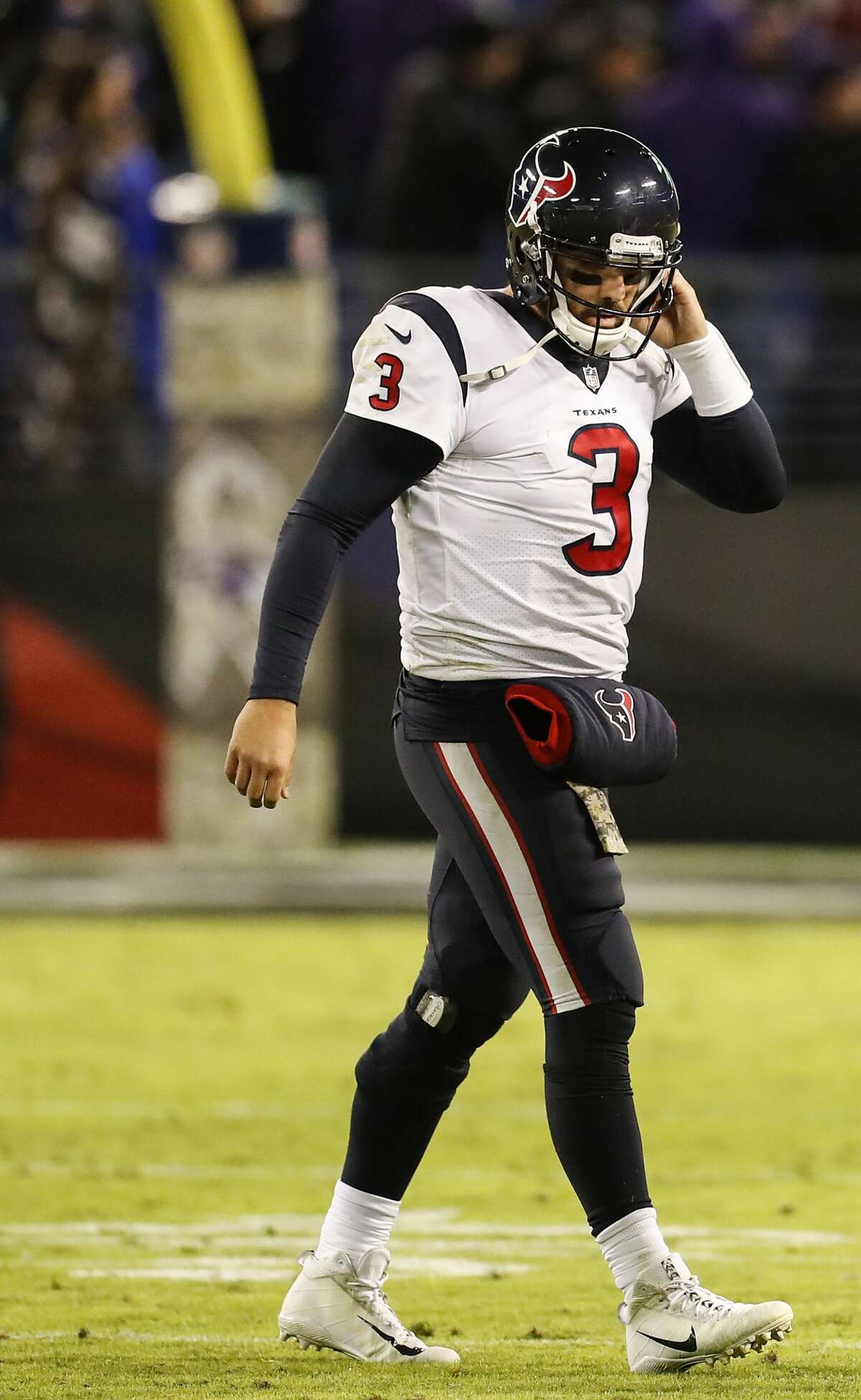 Houston Texans quarterback Tom Savage (3) reacts after throwing an interception to Baltimore Ravens cornerback Anthony Levine (41) during the fourth quarter of an NFL football game at M & T Bank Stadium on Monday, Nov. 27, 2017, in Baltimore. ( Brett Coomer / Houston Chronicle )