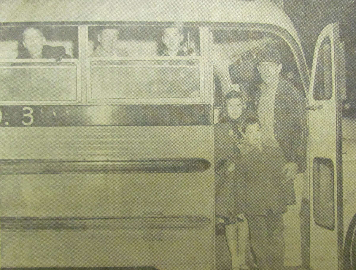 Here are a few of the more than 90 Auburn boys and girls who are transported monthly to a local roller rink as part of a winter recreational project of the Auburn School PTA. Students from public and parochial schools participate in the project. January 1957