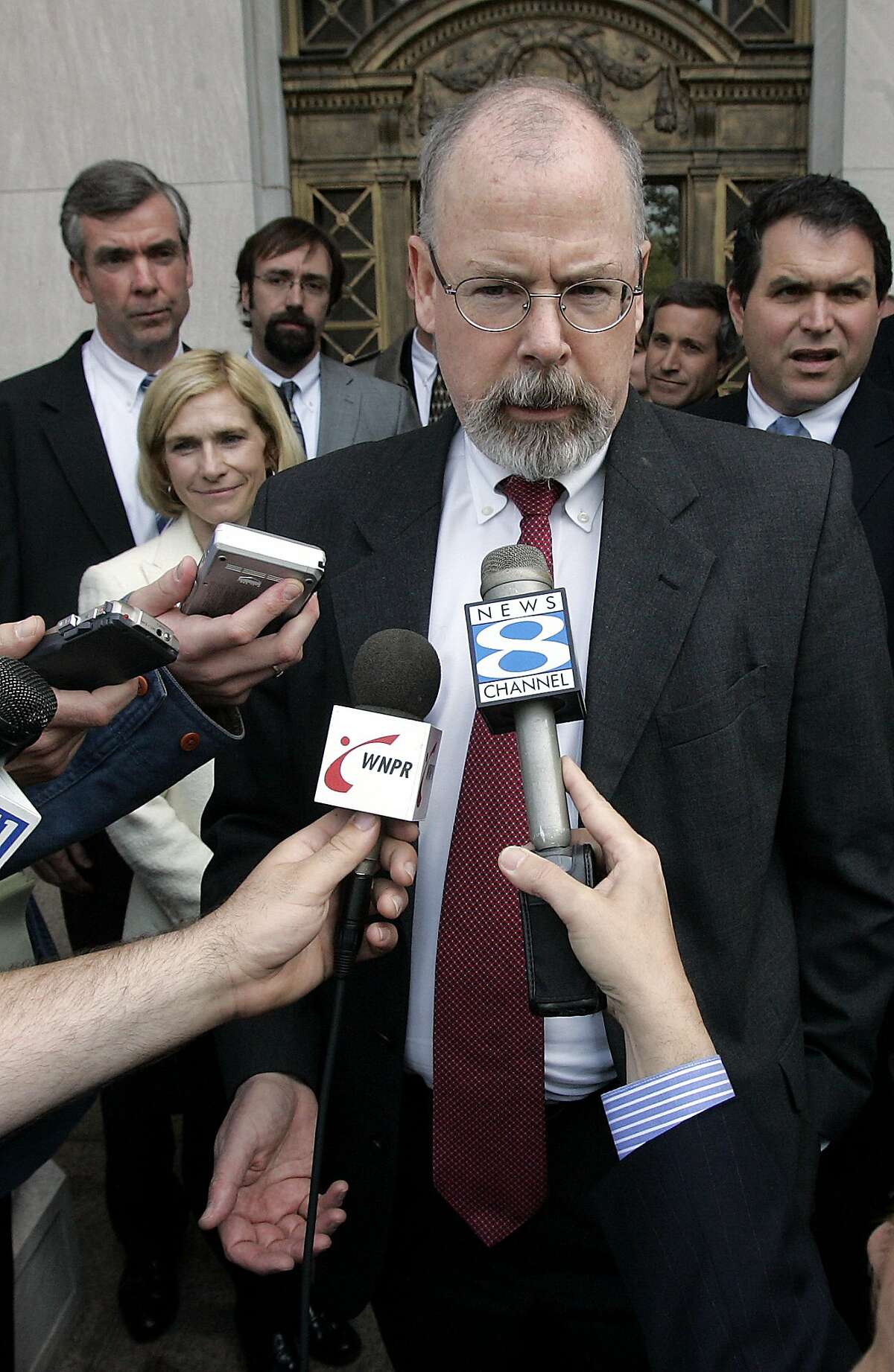 John Durham, a federal prosecutor in Connecticut, speaks to reporters on the steps of U.S. District Court in New Haven, Conn. in this April 25, 2006 file photo. Durham has been chosen by Attorney General Michael Mukasey to oversee the destruction of CIA interrogation videotapes case. (AP Photo/Bob Child, File)