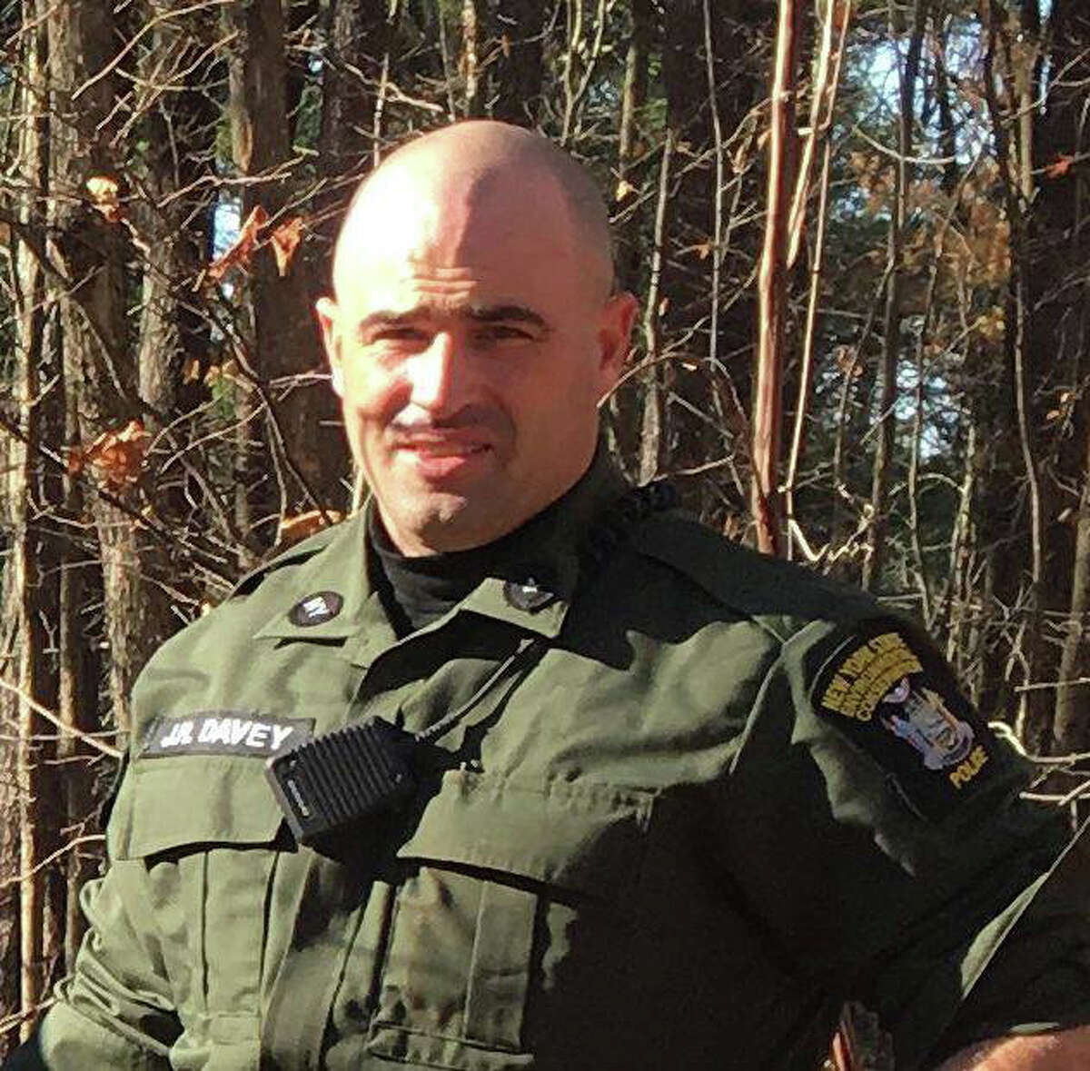 State Environmental Conservation Officer James Davey returned to work on Monday after being shot last November while investigating reports of illegal hunting activity in the Town of Gallatin in Columbia County. (NYS DEC)