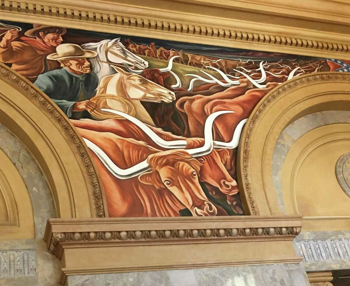 Close-up of the mural panel, “Cattle Trail,” showing cowboys driving longhorns to market, is one of 16 panels in the series by Howard Cook.