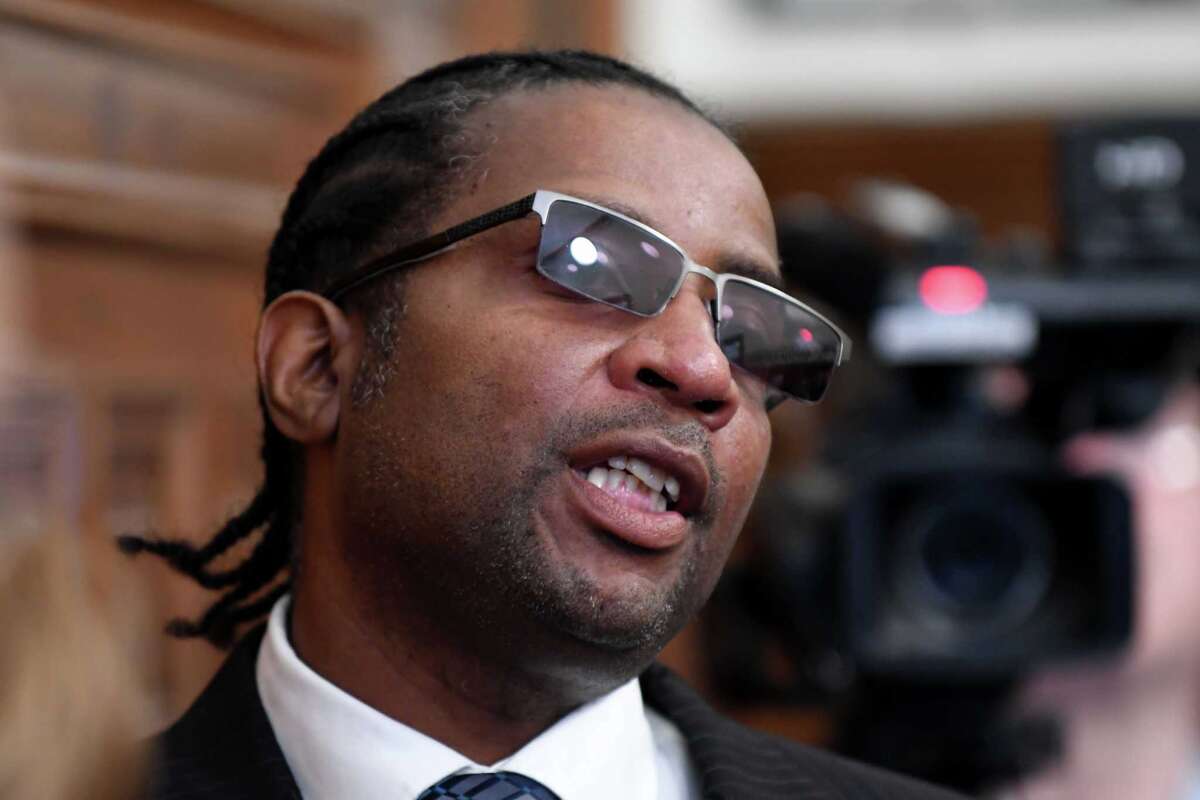Former Albany Common Council member Mark Robinson questions Albany Mayor Kathy Sheehan during her 2017 budget proposal presentation in October 2016 at City Hall in Albany, N.Y. (Will Waldron/Times Union archive)
