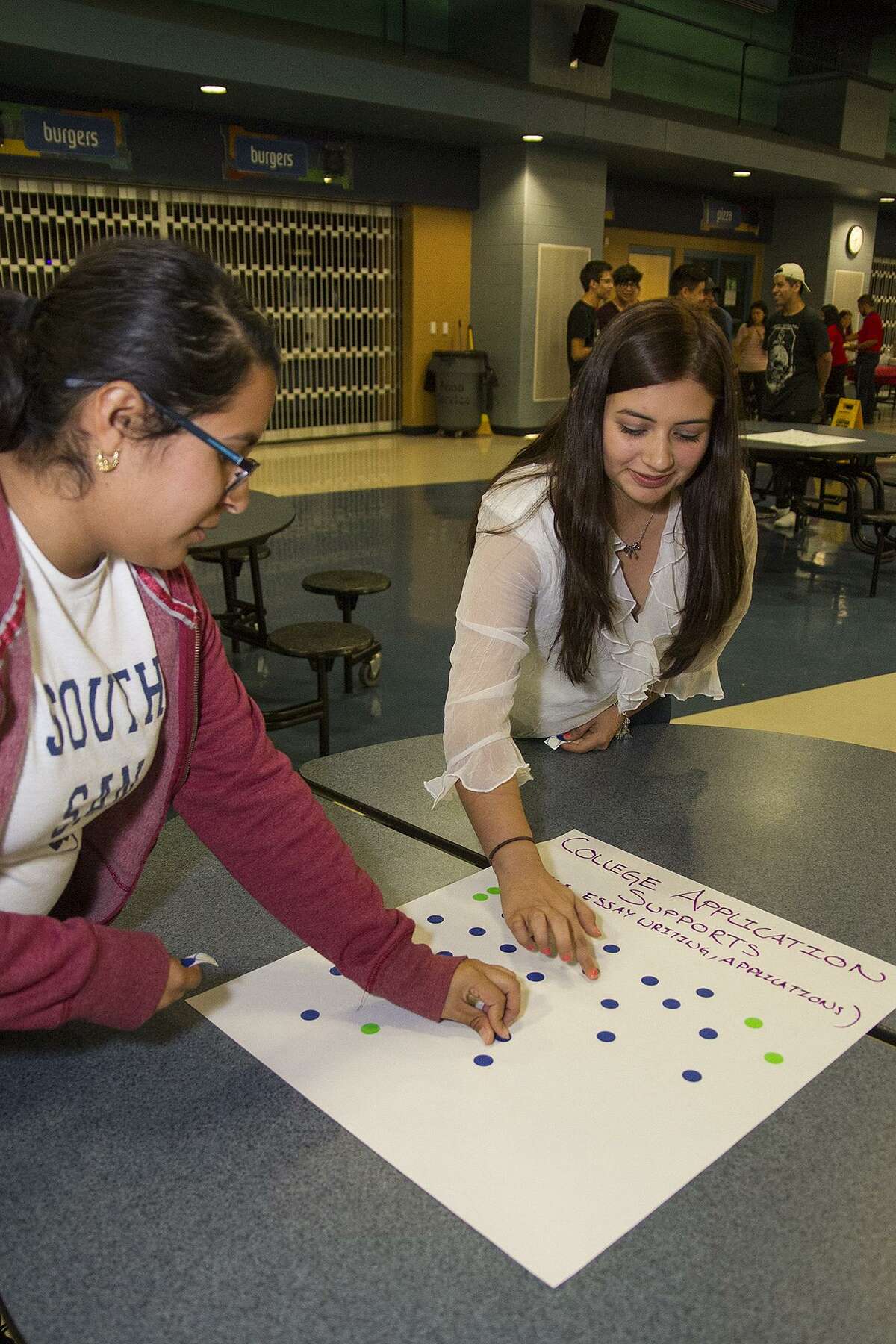 Paola Galvan (left), 17, and Claudia Medellin, 17, use one of their three votes for college application support Tuesday at South San Antonio High School. Communities in Schools used the announcement to get input from students and parents on what areas to focus on by having them vote on these large sheets of paper.