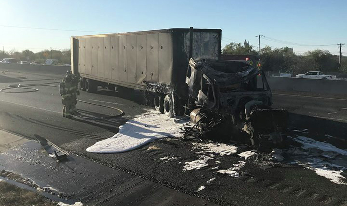 It took roughly three hours for crews to open up traffic after an 18-wheeler caught crashed and caught on fire Tuesday, Nov. 28, 2017, backing up traffic for miles into the San Antonio-area.