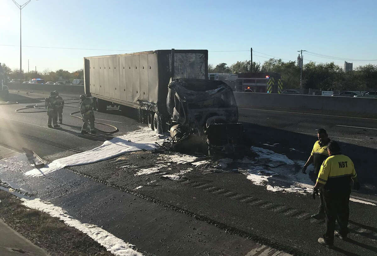 It took roughly three hours for crews to open up traffic after an 18-wheeler caught crashed and caught on fire Tuesday, Nov. 28, 2017, backing up traffic for miles into the San Antonio-area.
