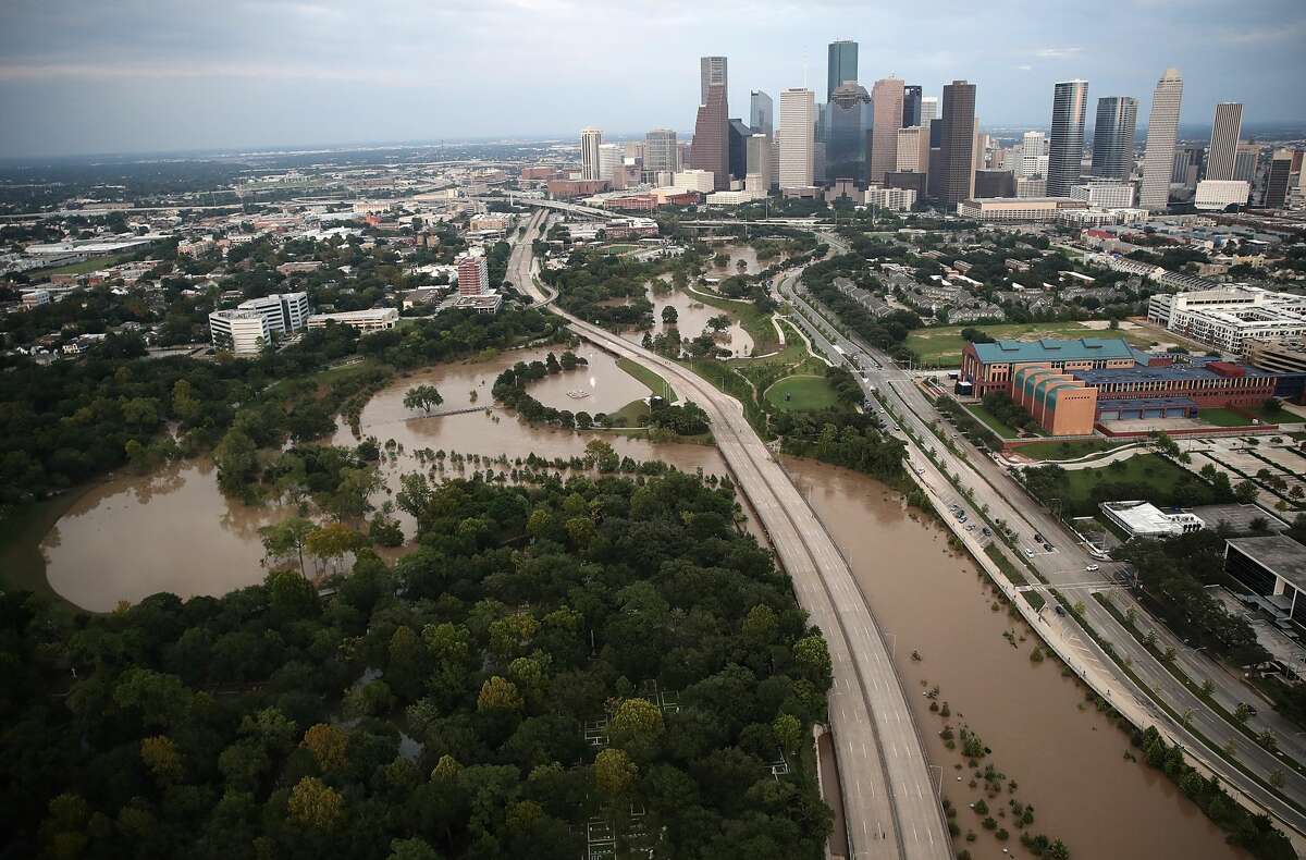 Harvey Flooding is shown near downtown Houston following Hurricane Harvey August 30, 2017 in Houston, Texas.