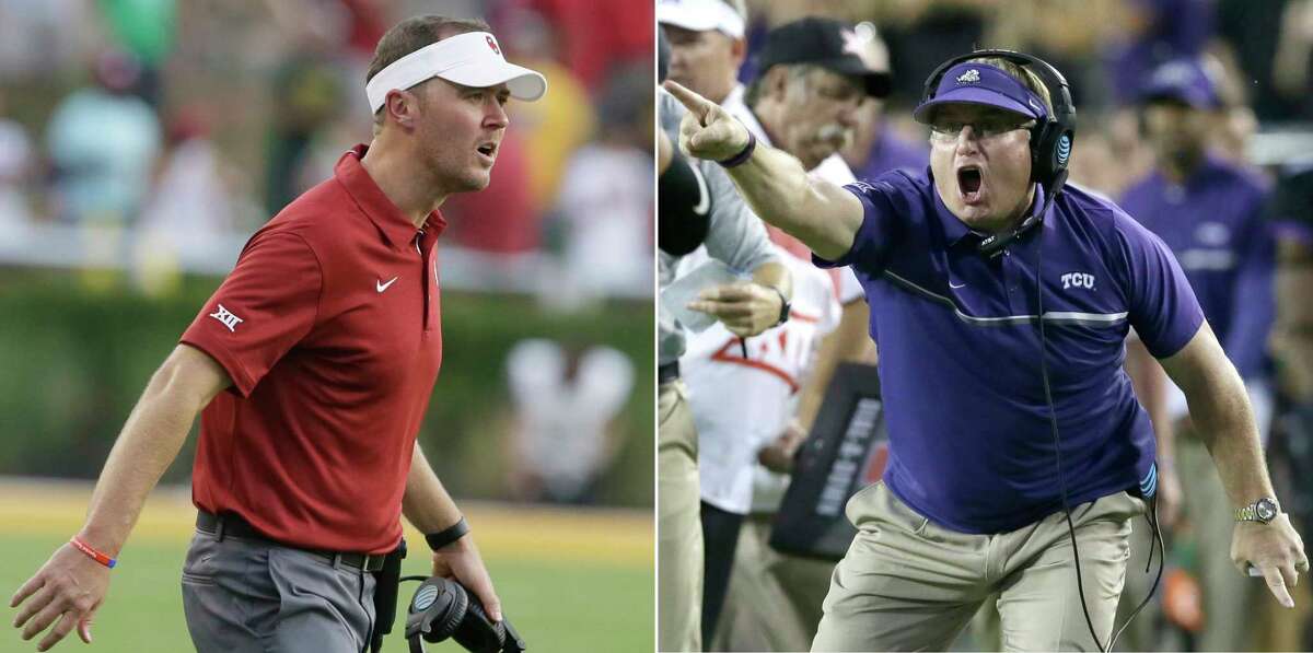 FILE - At left, in a Sept. 23, 2017, file photo, Oklahoma head coach Lincoln Riley looks on from the sidelines during the second half of an NCAA college football game against Baylor, in Waco, Texas. At right, in an Oct. 1, 2016, file photo, TCU head coach Gary Patterson yells during the second half of an NCAA college football game, in Fort Worth, Texas. TCU coach Gary Patterson doesn't believe it was an errant or accidental pass that hit safety Niko Small while going on the field for pregame warmups the last time the No. 10 Horned Frogs played No. 2 Oklahoma. Patterson also takes exception to how Sooners coach Lincoln Riley responded. (AP Photo/FIle)