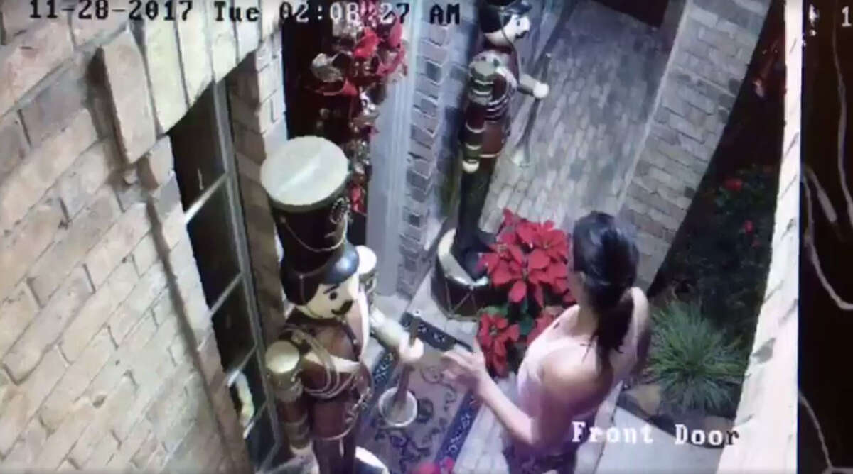 A woman was caught on video Nov. 28 picking up and stealing two giant nutcracker statues from the front of a home in Pasadena.
