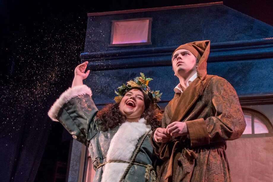 kd mcteigue as christmas present and lucas phayre gonzalez as scrooge in a - Original Christmas Carol kd mcteigue as christmas present and lucas phayre gonzalez as scrooge in a - Original Christmas Carol