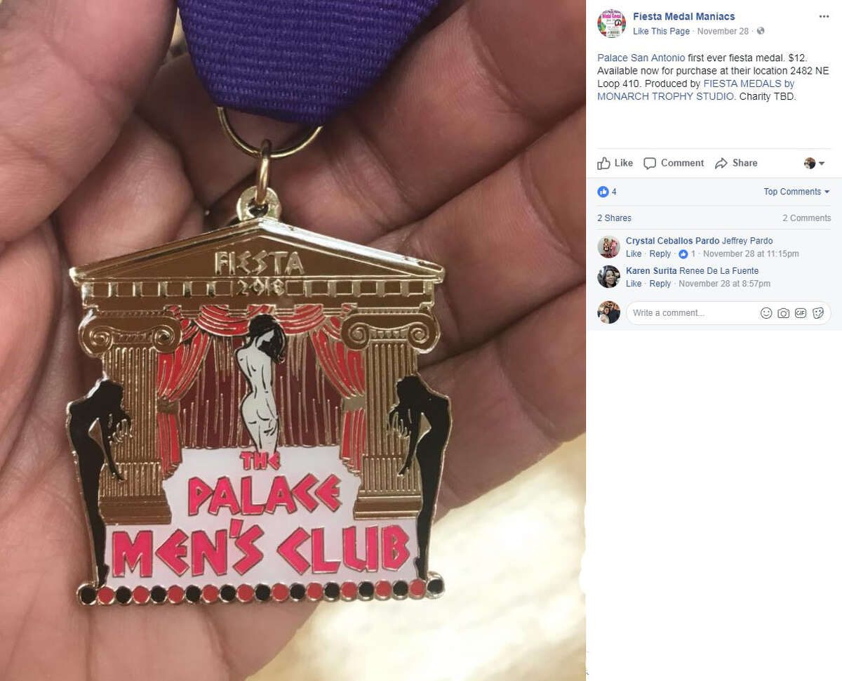 Fiesta Medal Maniacs: "Palace San Antonio first ever fiesta medal. $12. Available now for purchase at their location 2482 NE Loop 410. Produced by FIESTA MEDALS by MONARCH TROPHY STUDIO. Charity TBD."