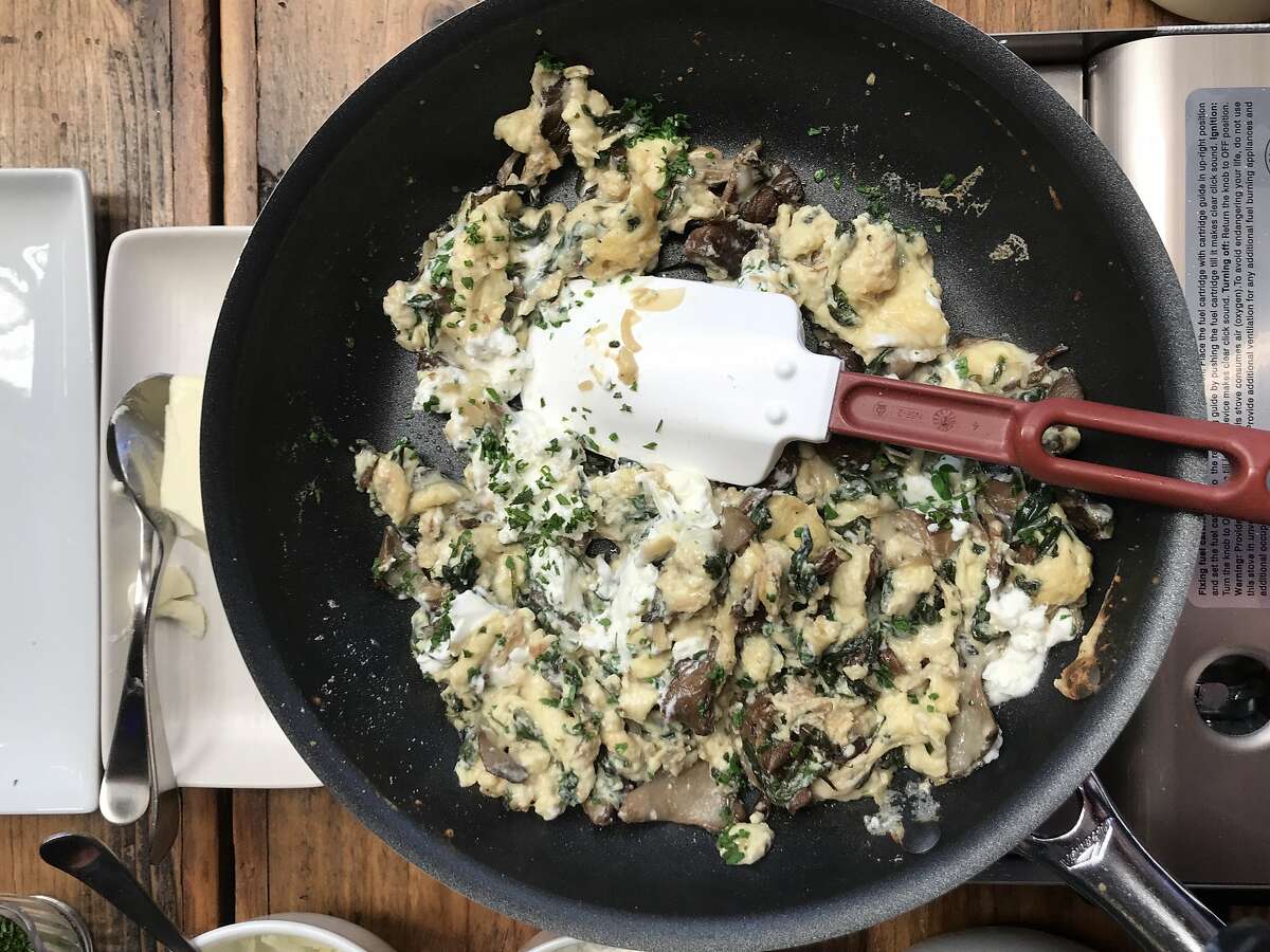 The Just Scramble Flore with spinach, mushrooms and goat cheese made with Hampton Creek's Just Scramble egg substitute is seen at Cafe Flore on Thursday, Nov. 30, 2017 in San Francisco, Calif.