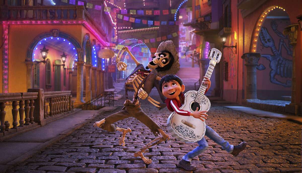 In this image released by Disney-Pixar, character Hector, voiced by Gael Garcia Bernal, left, and Miguel, voiced by Anthony Gonzalez, appear in a scene from the animated film, "Coco." (Disney-Pixar via AP)