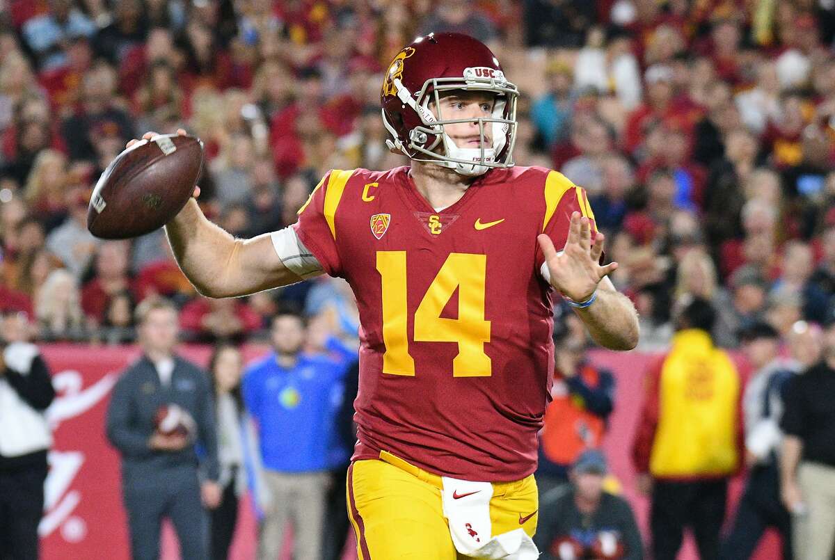 USC's Sam Darnold throws a pass during a college football game between the UCLA Bruins and the USC Trojans on November 18, 2017, at Los Angeles Memorial Coliseum.