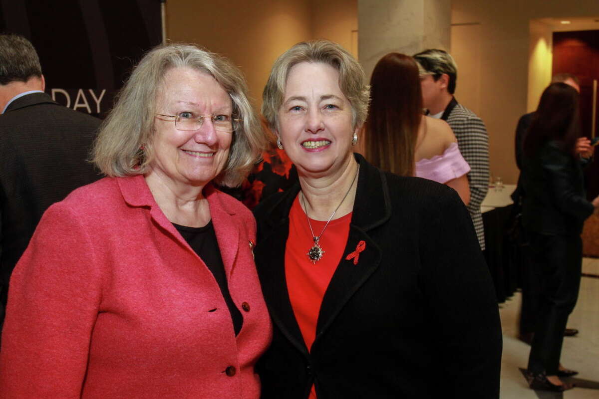 Kathy Hubbard, left, and Annise Parker at the World Aids Day luncheon at the Hilton Post Oak.