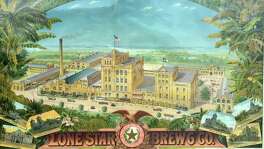 A color lithograph, published circa 1900, shows the growing campus of the Lone Star Brewery on the banks of the San Antonio River. The prints were given to saloons and other customers as advertising.