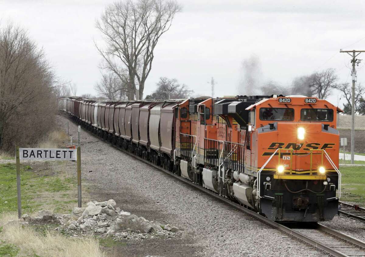 A BNSF Railway train transporting grain passes through Bartlett, Iowa in April. In 2016, the U.S. ran a more than $20 billion trade surplus in agricultural products. NAFTA has widened access to Mexican and Canadian markets, boosting U.S. farm exports and benefiting many farmers.