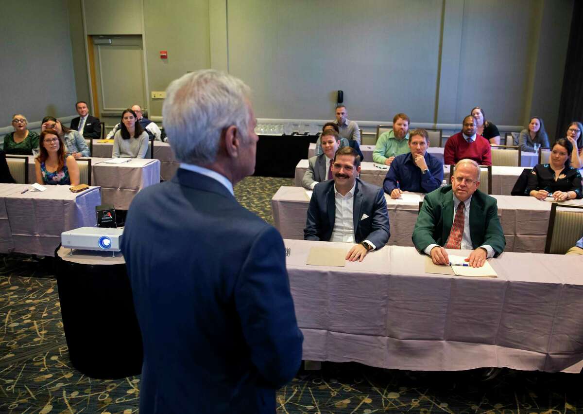 Alex Trebek addresses potential contestants in Houston, noting that his show "can brighten up their lives and take away some of the pain." ﻿