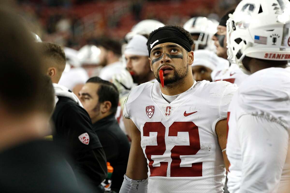 Stanford running back Cameron Scarlett, 22 late in the fourth quarter, as the Stanford Cardinal ended up losing to the USC Trojans 31-28 in the PAC-12 championship game at Levi's Stadium, in Santa Clara Calif. on Fri. December 1, 2017.