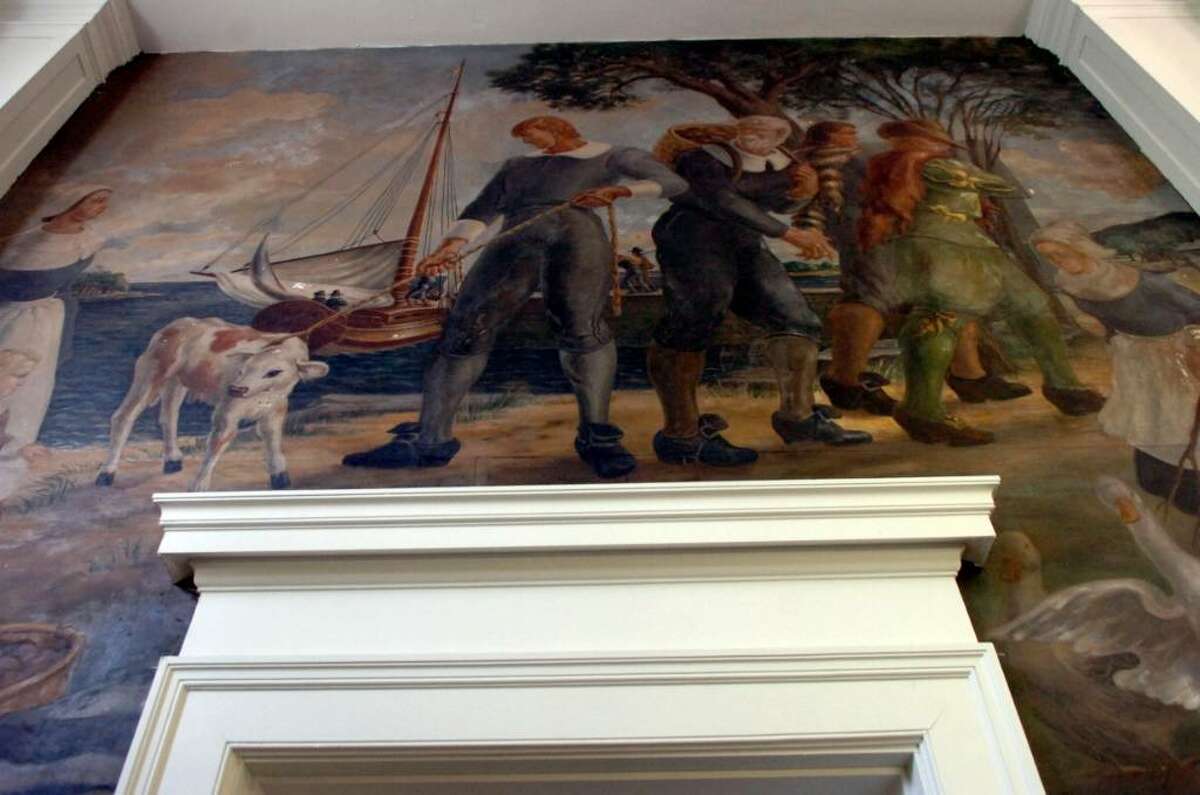 A mural in the lobby of the Greenwich Avenue post office, on Monday, June 27, 2010.The painting is titled "The Packet Sails from Greenwich" and it was dedicated in November 1939. Artist Victoria Hutson Huntley won the commission to paint the mural in a competition sponsored by the Treasury Department. People are wondering what will happen to it if the building is sold.