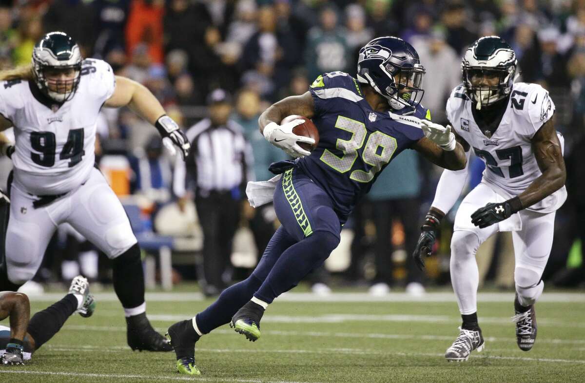 Seattle Seahawks running back Mike Davis (39) carries against the Philadelphia Eagles during the first half of an NFL football game, Sunday, Dec. 3, 2017, in Seattle. (AP Photo/Ted S. Warren)