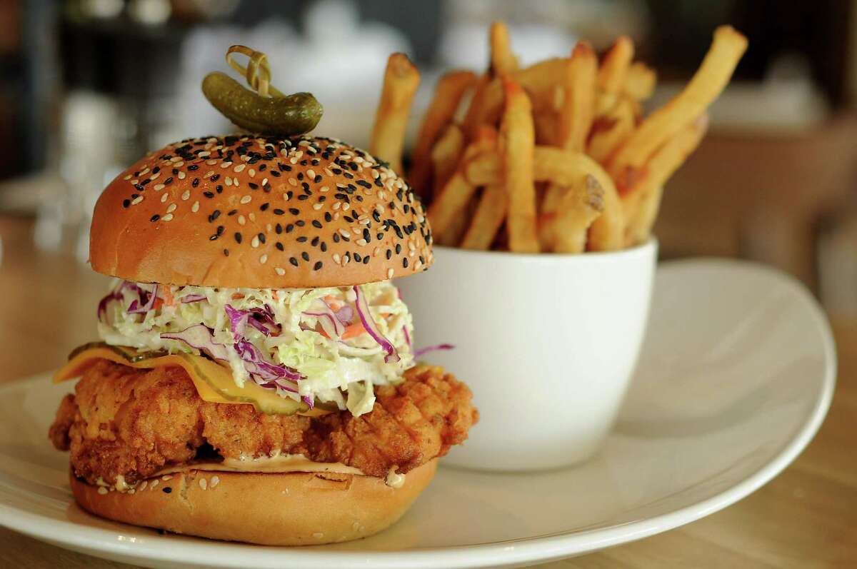 The southern fried crispy chicken sandwich with cabbage slaw, cheddar cheese and a quick pickle at the new Moxie's Grill & Bar in the Galleria neighborhood.