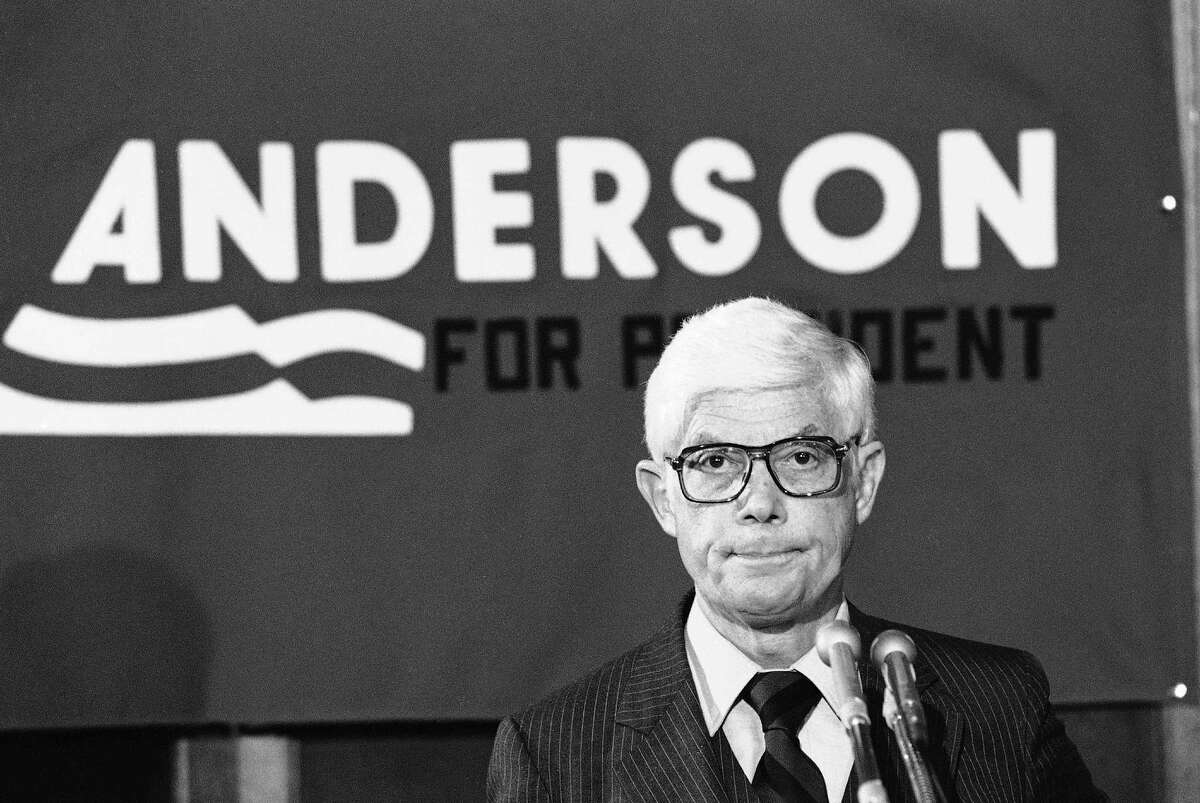 FILE - In this July 2, 1980 file photo, Independent presidential candidate Rep. John Anderson of Illinois ponders a question from reporters during a press conference in Washington. The former Illinois congressman and presidential candidate has died. A family statement says the 95-year-old Rockford Republican died Sunday, Dec. 3, 2017, in Washington, D.C. Anderson served ten terms in the U.S. House of Representatives and sought the Republican presidential nomination in 1980. He later waged an independent campaign against Democratic President Jimmy Carter and GOP challenger Ronald Reagan. Anderson received 7 percent of the national vote.(AP Photo/Ira Schwarz) ORG XMIT: CER205