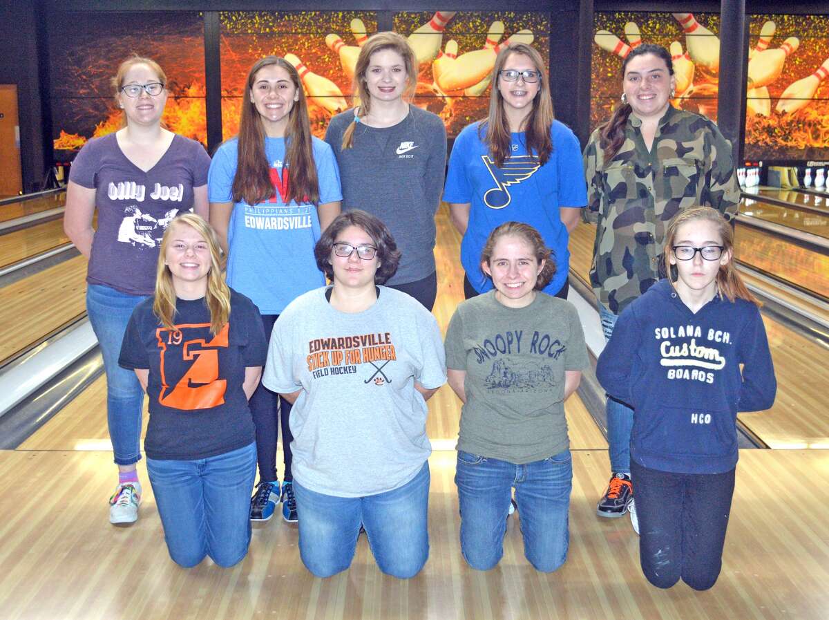 Members of the Edwardsville girls’ bowling team are, front row from left, Amy Malcharek, Madeline Misukonis, Rachel McTague and Angel Jenkins. In the back row, from left to right, are Sam Linck, Maren McSparin, Brandy Page, Rylee Langendorf and Sydney Sahuri. Christina Mills and Abby Sherrill are not pictured.