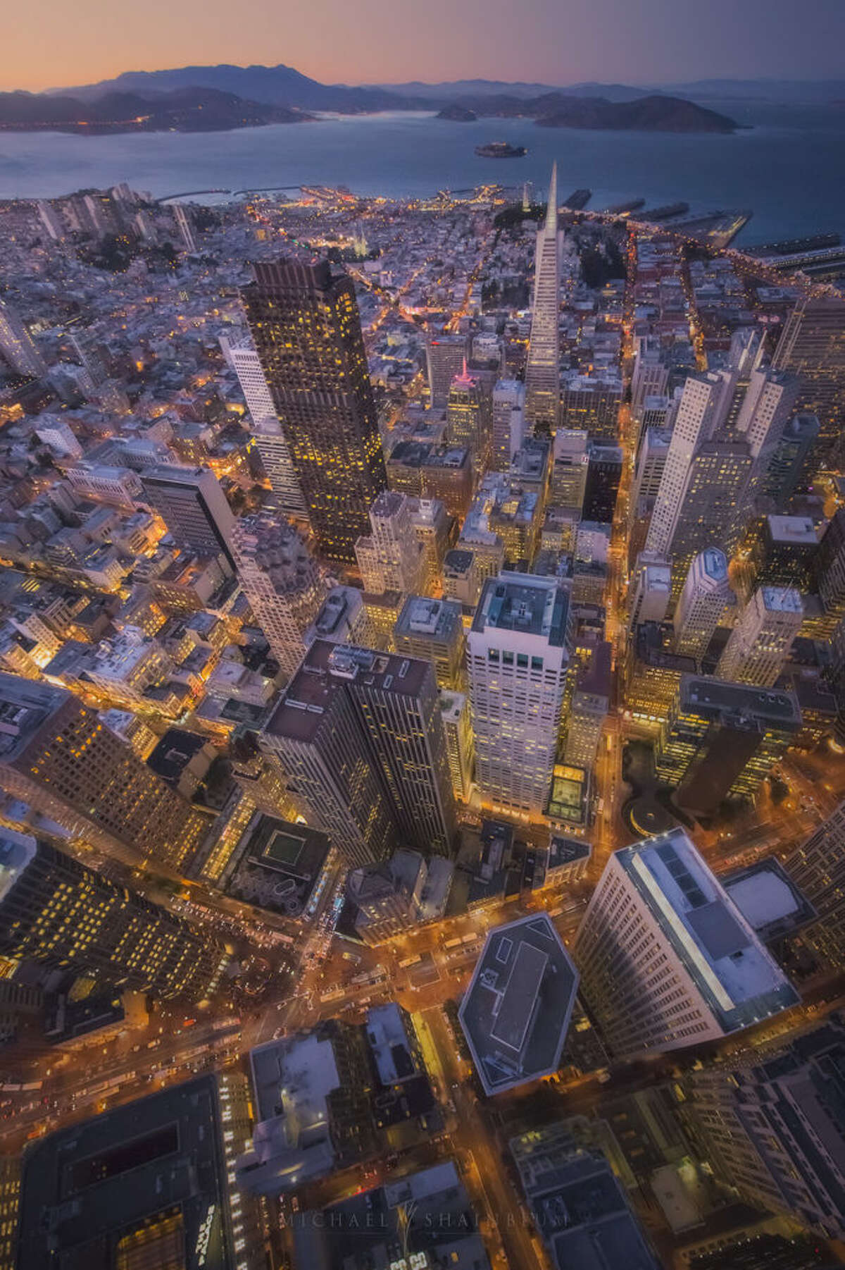 The illuminated streets of downtown San Francisco.