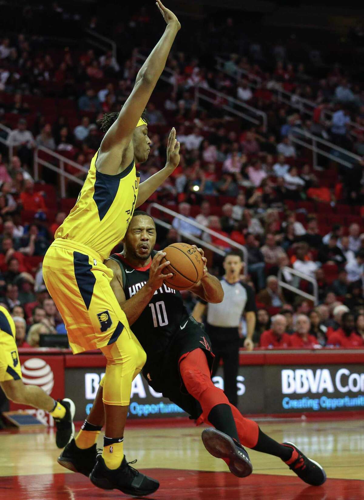 Rockets guard Eric Gordon runs into problems in the form of the Pacers' Myles Turner during a victory last week in which Gordon was limited to 10 points.