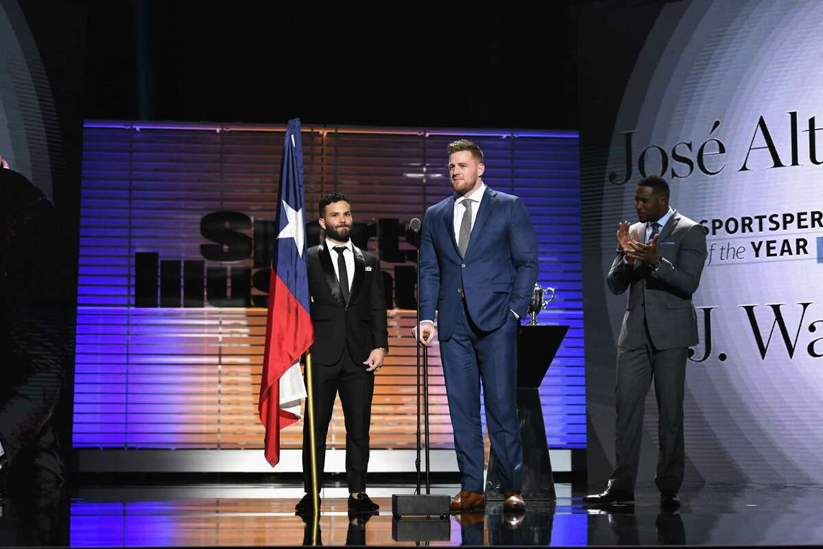 PHOTOS: A look at J.J. Watt and Jose Altuve on the red carpet and on stage at the Sports Illustrated award show NEW YORK, NY - DECEMBER 05: J.J. Watt (R) and Jose Altuve receive the Sportsperson of the Year Award during SPORTS ILLUSTRATED 2017 Sportsperson of the Year Show on December 5, 2017 at Barclays Center in New York City. Browse through the photos above for a look at J.J. Watt and Jose Altuve on the red carpet and on stage Tuesday night.