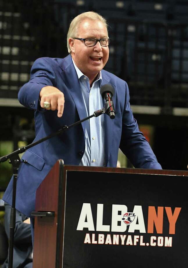 Former NFL quarterback Ron Jaworski, who is part of the Albany ownership group, speaks during a meet and greet with Albany arena football players, coaches and owners at an open house at the Times Union Center on Tuesday, Dec. 5, 2017 in Albany, N.Y. (Lori Van Buren / Times Union) Photo: Lori Van Buren / 20042314A