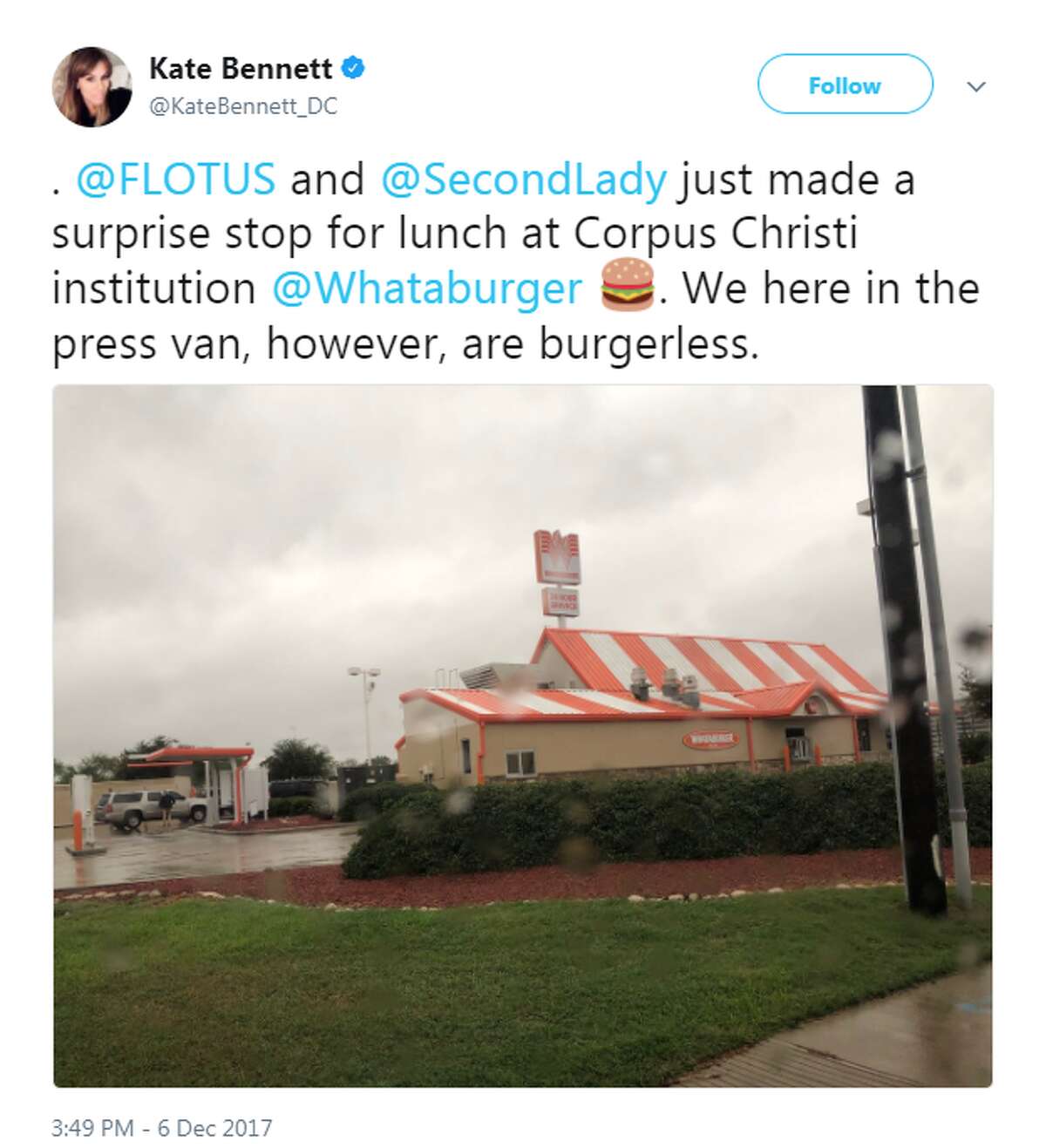 While visiting the Texas Coast for to check on recovery efforts since Hurricane Harvey landed in late August, Trump and second lady Karen Pence stopped by Whataburger. Her Director of Communications, Stephanie Grisham, tweeted a photo of the first and second lady ordering their meals.