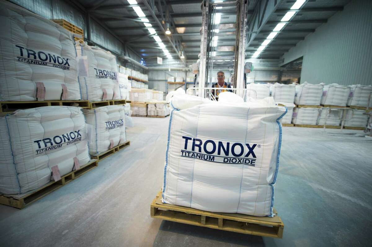 A Tronox warehouse stores bulk bags of titanium dioxide. Stamford-based Tronox is trying to buy, for $1.7 billion, the titanium dioxide business of Saudi Arabia-based Cristal.