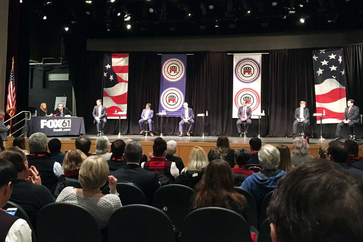 Republican candidates for Governor in Connecticut hold an early debate in Windsor Dec. 6, 2017.