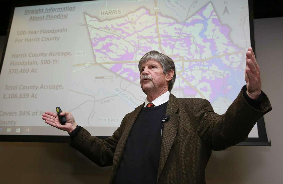 Co-director of Rice University's Severe Storm Prediction Education and Evacuation from Disasters (SSPEED) Center Jim Blackburn gives his "Designing A Houston For the Future" presentation at the Houston Chronicle's "Greater Houston After Harvey" panel at the Chronicle building on Wednesday, Dec. 6, 2017, in Houston.