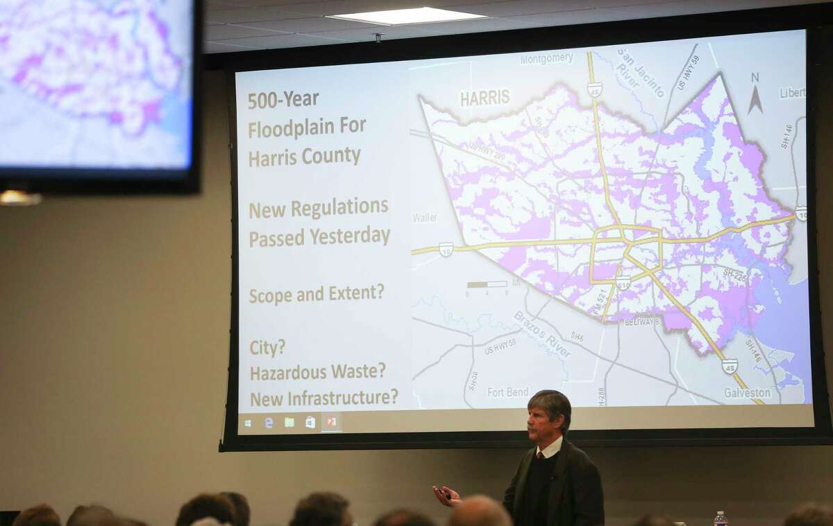 Co-director of Rice University's Severe Storm Prediction Education and Evacuation from Disasters (SSPEED) Center Jim Blackburn gives his "Designing A Houston For the Future" presentation at the Houston Chronicle's "Greater Houston After Harvey" panel at the Chronicle building on Wednesday, Dec. 6, 2017, in Houston.