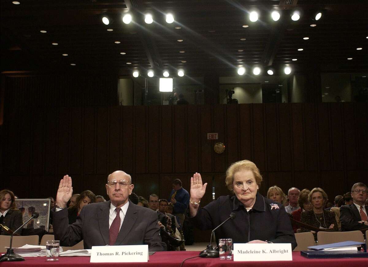 Former Secretary of State Madeleine Albright, right, and former U.S. Ambassador Thomas Pickering, left, are sworn in before the federal panel reviewing the Sept. 11 attacks Washington Tuesday, March 23, 2004. (AP Photo/Gerald Herbert)