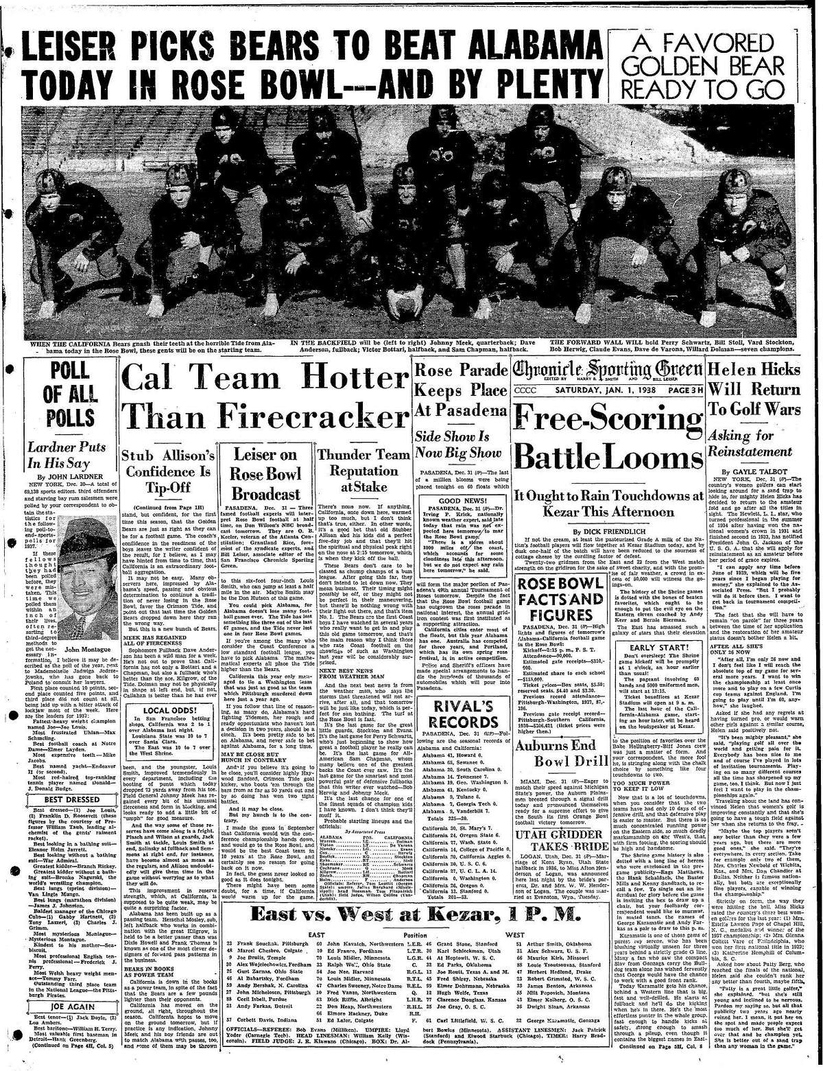 1938年1月1日的《体育纪事报》头版，加州熊队在玫瑰碗对阵阿拉巴马队