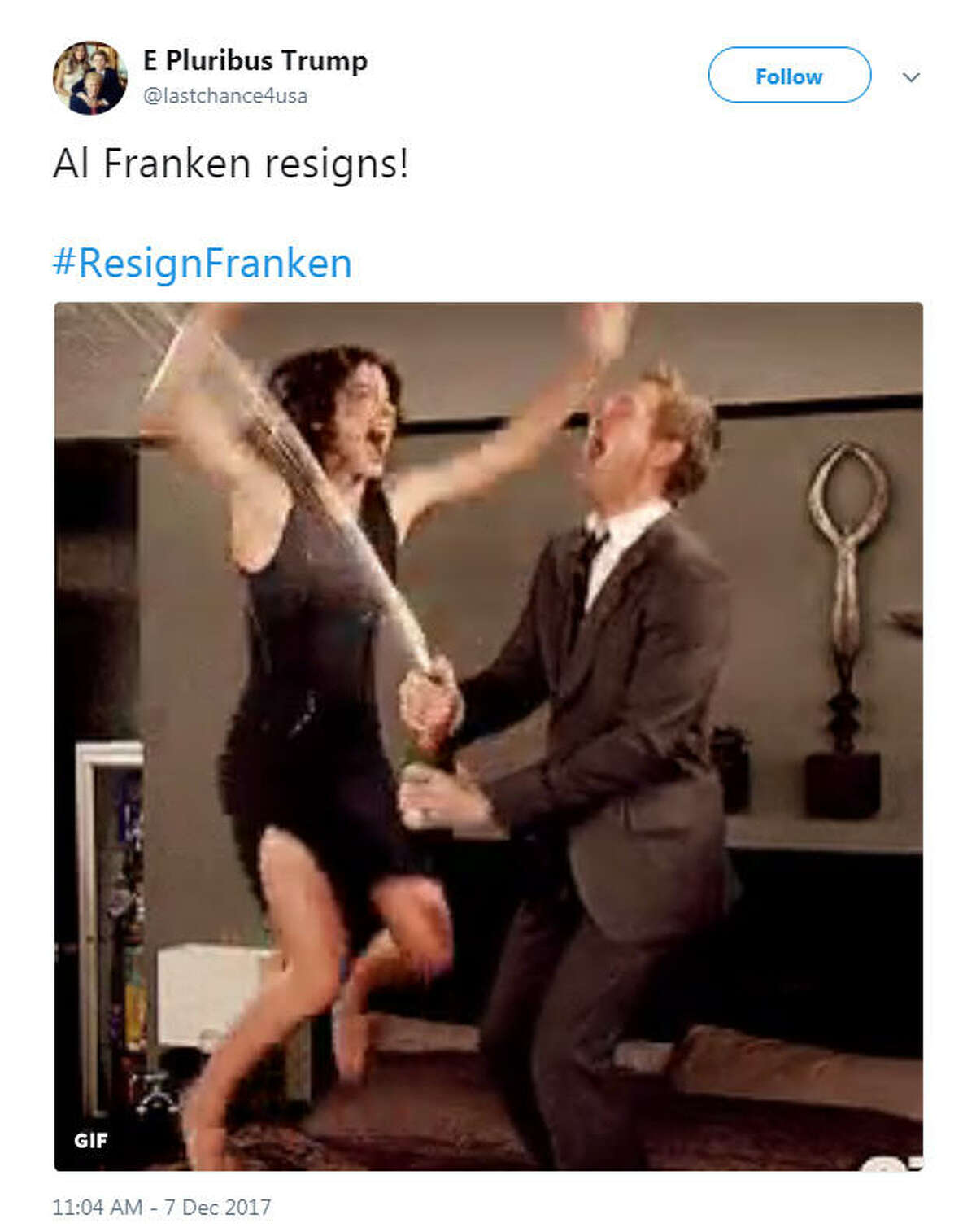 "Al Franken resigns! #ResignFranken" Source: Twitter