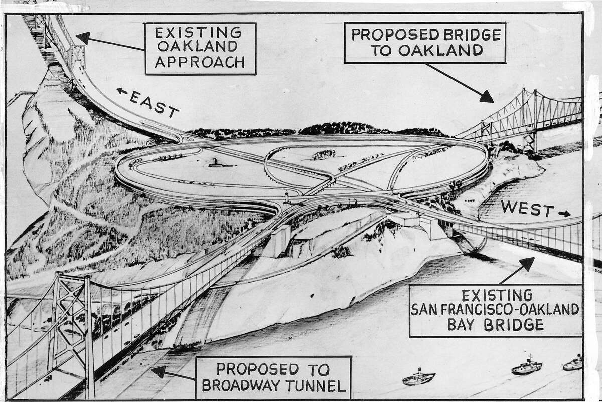 在横跨旧金山湾的第二个十字路口的提案中，有一个设想是在Yerba Buena岛上建造一个巨大的三叶草立交，现有的和新的海湾大桥在那里相交。照片刊登于1950年10月31日，讲义第2页