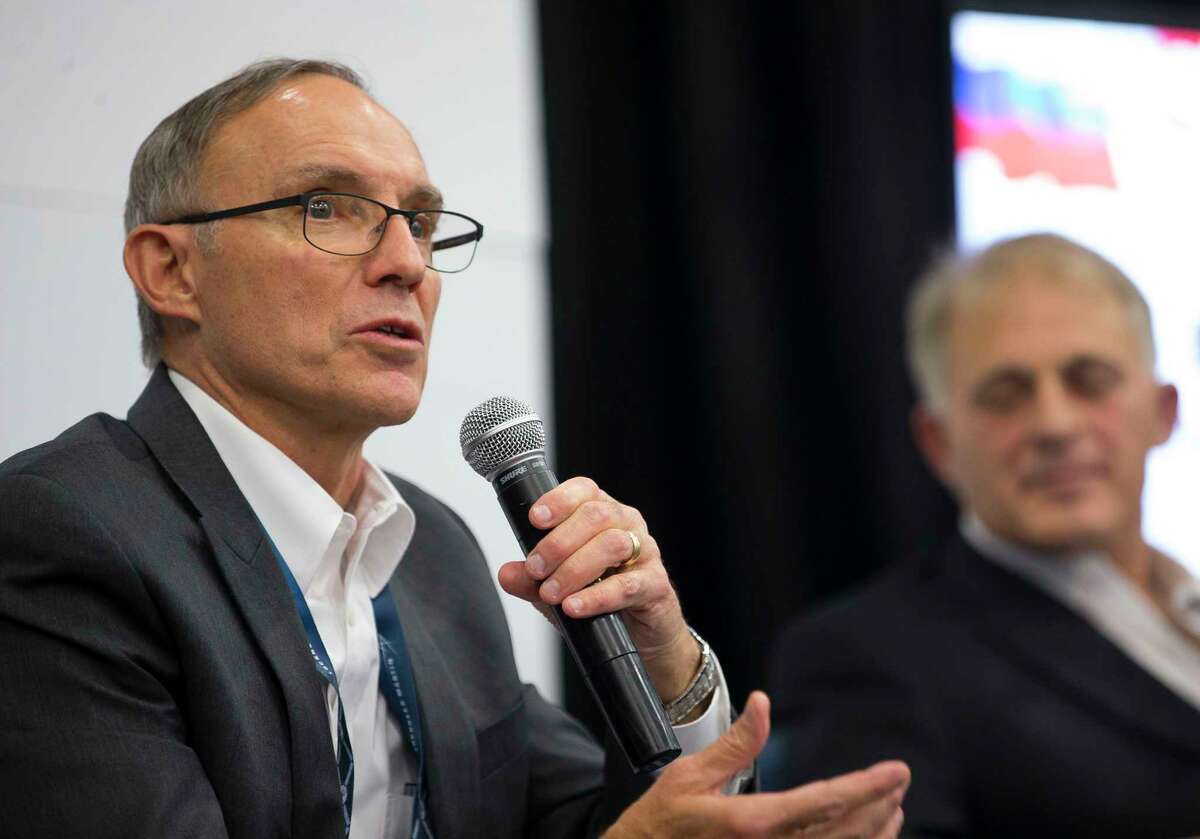 Carl Walz, who flew on four space missions as a NASA astronaut, speaks on a panel featuring astronauts who have transitioned to the business world during the third annual Space Commerce Conference and Exposition, SpaceCom, Thursday, Dec. 7, 2017, in Houston. All of the astronauts on the panel have made the transition to business world relating to space. ( Mark Mulligan / Houston Chronicle )