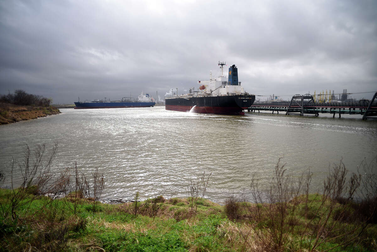 A vessel pumps out ballast as it's loaded with diesel at a﻿ dock on the Houston Ship Channel.