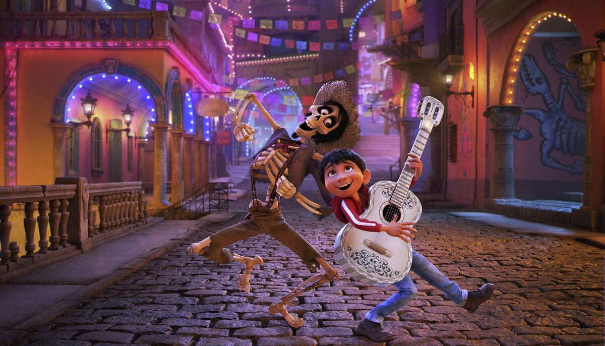 In this image released by Disney-Pixar, character Hector, voiced by Gael Garcia Bernal, left, and Miguel, voiced by Anthony Gonzalez, appear in a scene from the animated film, “Coco.”