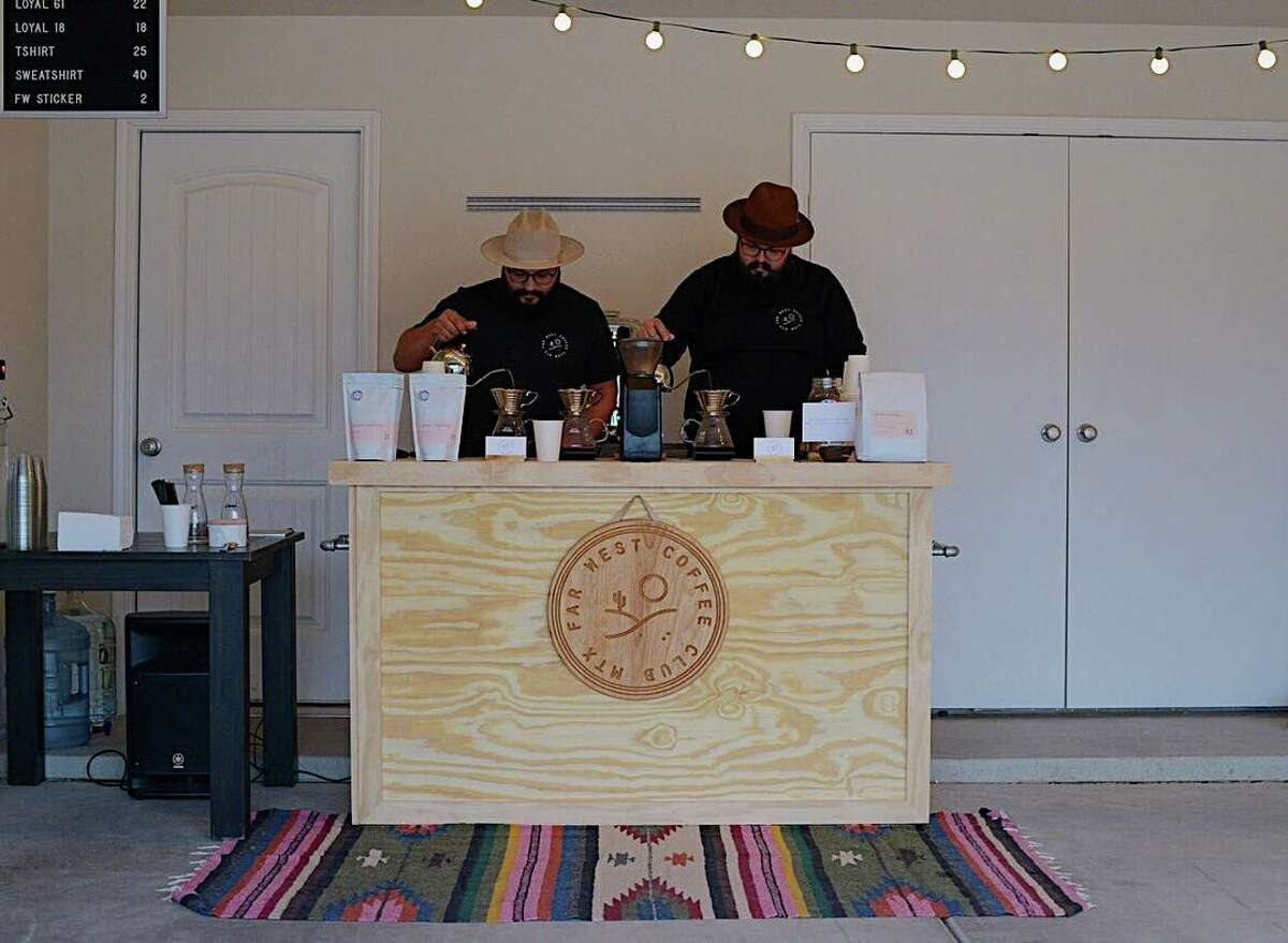 Far West Coffee Club founders Olaf Luna and Christopher Benninghoff pour coffee at their opening pop-up shop in Luna's garage.