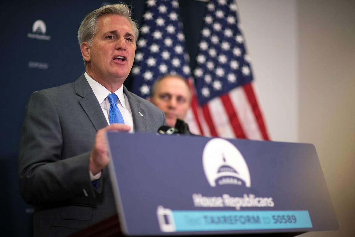Rep. Kevin McCarthy, the House majority leader, discusses tax legislation at a news conference on Capitol Hill on Dec. 5, 2017.