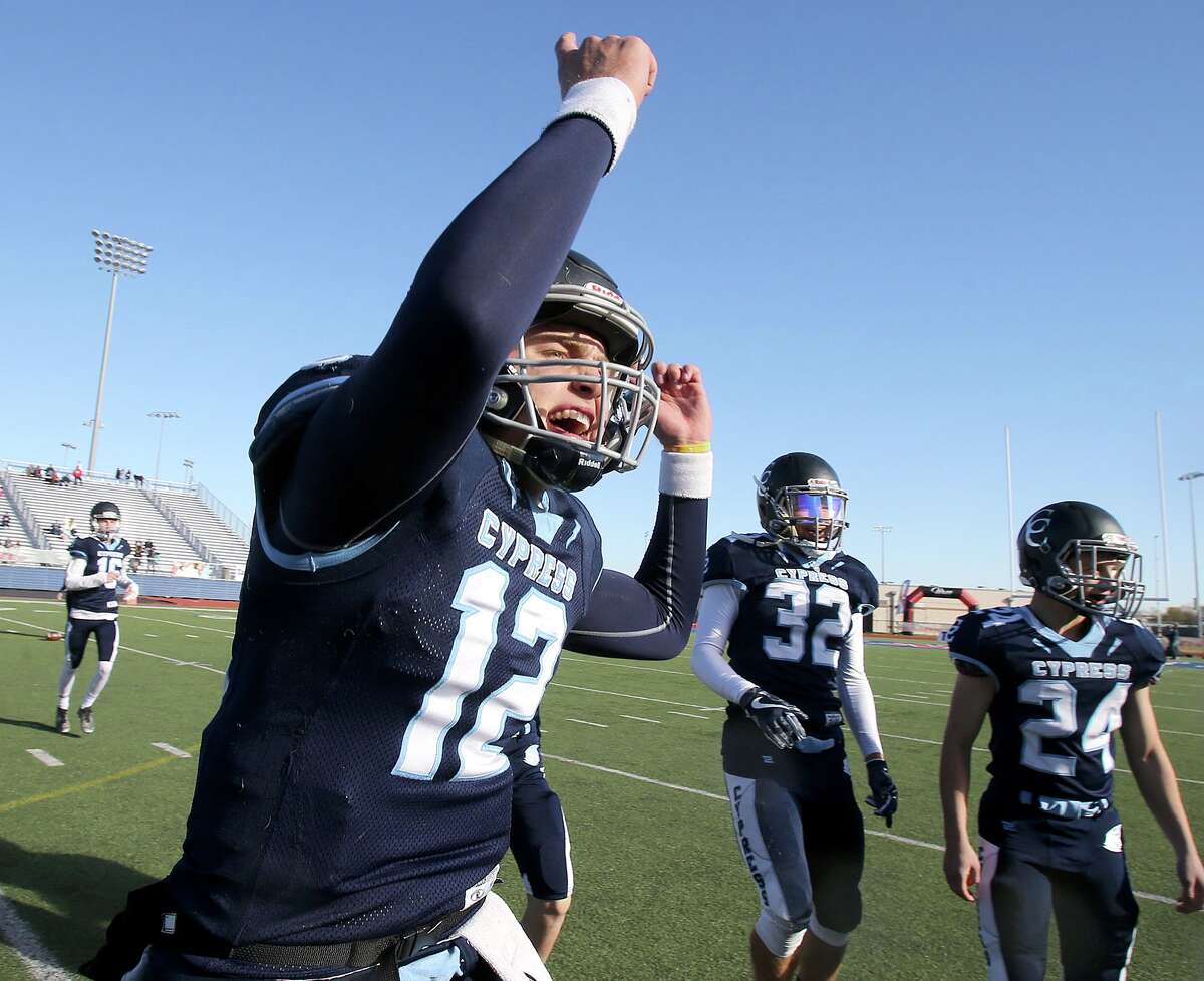 Cypress Christian's quarterback Joshua Holl (12) reacts after defeating McKinney Christian for the TAPPS Division III State Championship December 8, 2017, in Waco, Tx. (Special Contributor, Jerry Larson)