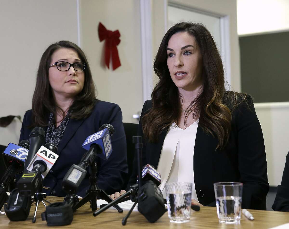 Jessica Yas Barker, right, makes a public allegation of inappropriate behavior by Assemblyman Matt Dababneh, D-Encino, during a news conference Monday, Dec. 4, 2017, in Sacramento, Calif. Dababneh denies the allegations. (AP Photo/Rich Pedroncelli)