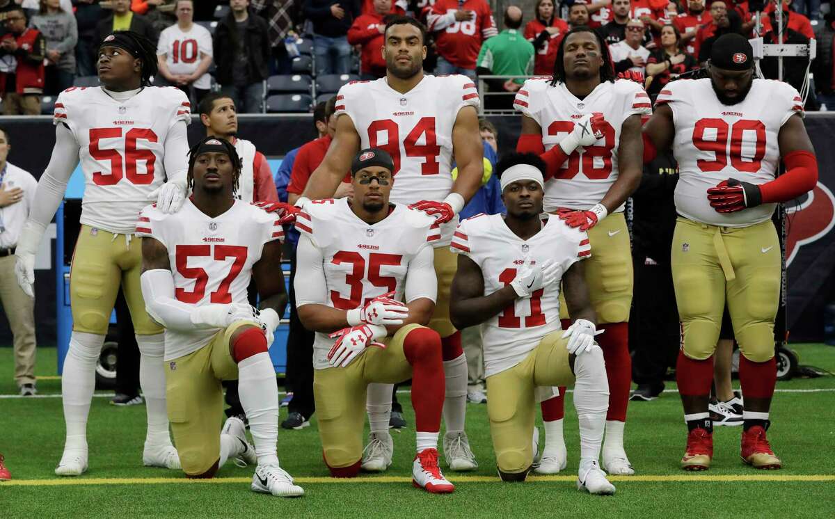 PHOTOS: NFL protests this season San Francisco 49ers San Francisco 49ers' Eli Harold (57), Eric Reid (35) and Marquise Goodwin (11) kneel during the national anthem before an NFL football game against the Houston Texans, Sunday, Dec. 10, 2017, in Houston. (AP Photo/David J. Phillip) Browse through the photos above for a look at NFL protests this season.