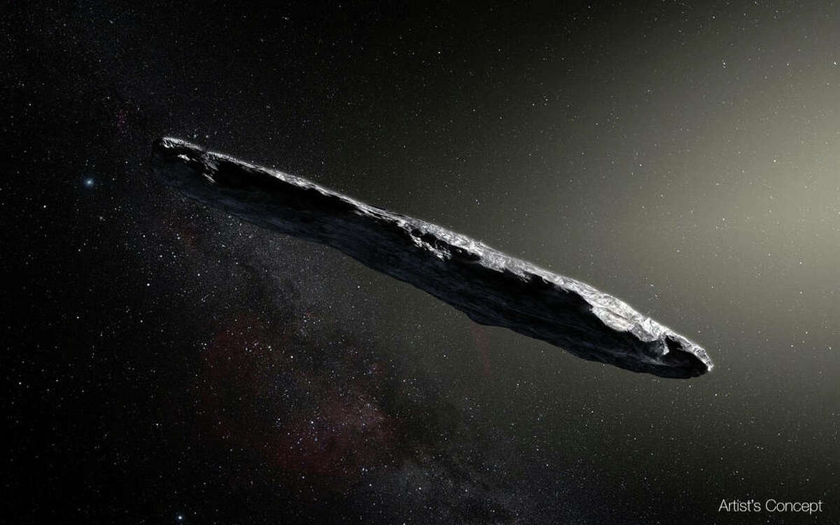 Artist’s concept of interstellar asteroid 1I/2017 U1 (‘Oumuamua) as it passed through the solar system after its discovery in October 2017. The aspect ratio of up to 10:1 is unlike that of any object seen in our own solar system. (European Southern Observatory/M. Kornmesser))